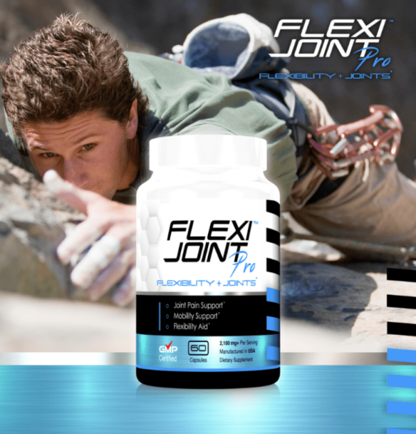 Close-up of a man rock climbing with Flexi Joint™ Pro supplement bottle in the foreground.