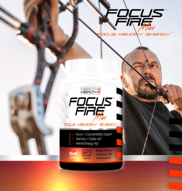 Man aiming with a bow, highlighting Focus Fire™ Max supplement for focus and memory.