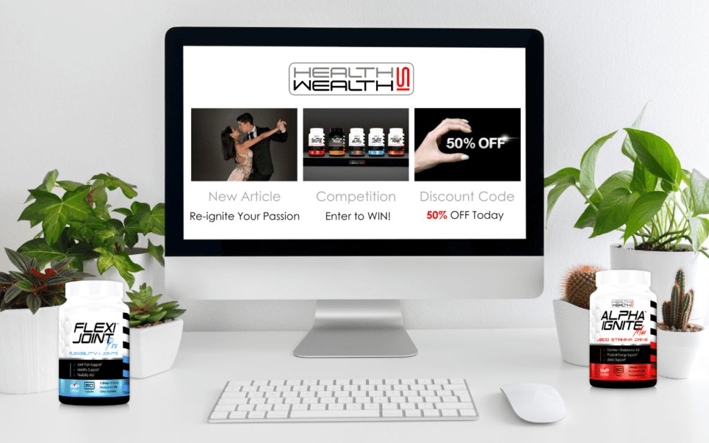 Two men working together with Health Is Wealth Supplements product lineup displayed.