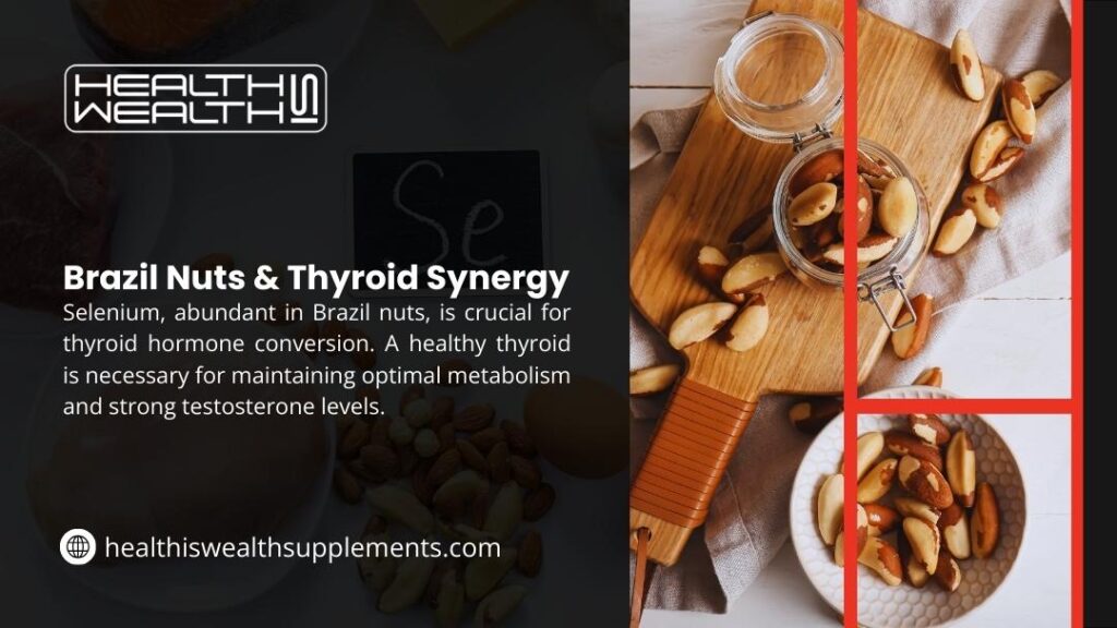 A wooden cutting board holds a jar and a small bowl filled with Brazil nuts, next to text discussing their Selenium content and its role in thyroid function.