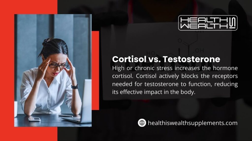 A stressed woman with her hands on her temples sits in front of a laptop, overlaid with a graphic of the Cortisol molecular structure and text about the hormone's effect on Testosterone.