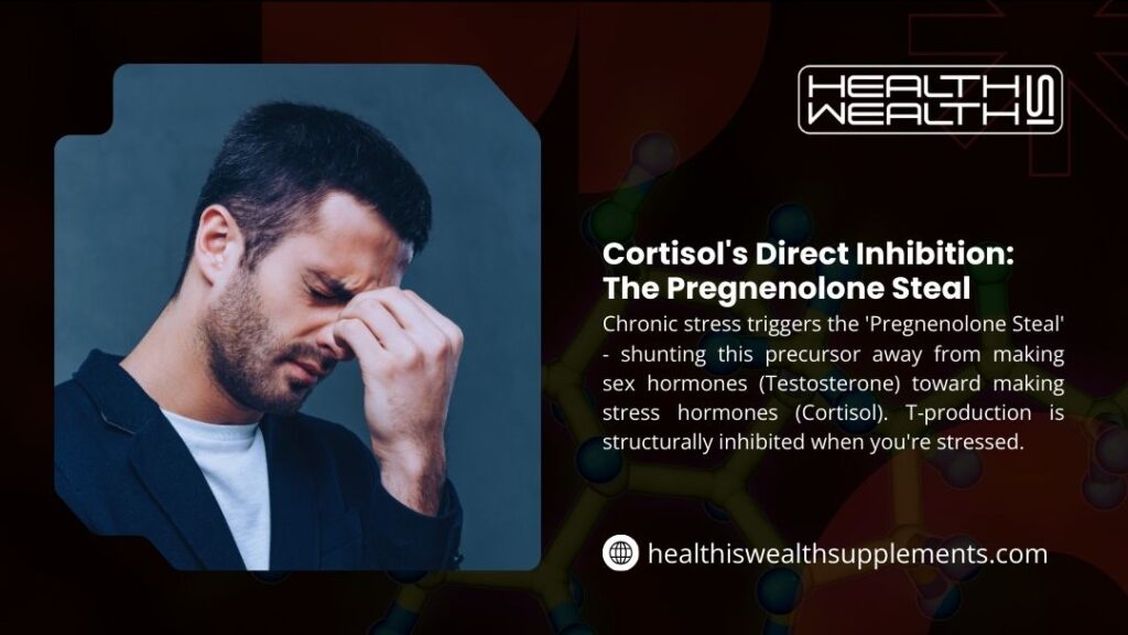 Stressed man pinching nose; cortisol triggers pregnenolone steal, shunting precursor from testosterone to cortisol, inhibiting T-production.