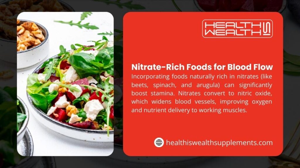 Infographic: Nitrate-Rich Foods for Blood Flow. Nitrates in foods like beets and spinach convert to nitric oxide, boosting stamina by widening blood vessels. Salad with beets.