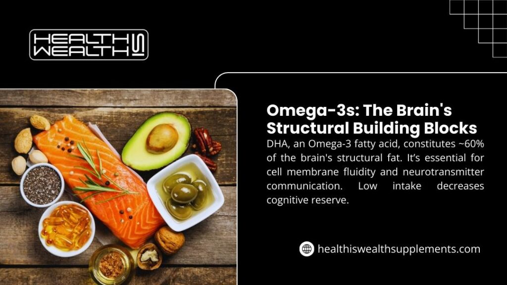 Omega-3s infographic: Salmon, avocado, nuts, seeds, oils as DHA sources for brain structure, fluidity, cognition.
