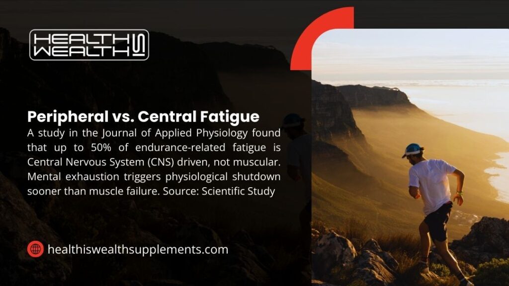 Peripheral vs. Central Fatigue. A study found up to 50% of endurance fatigue is CNS-driven, not muscular. A man is trail running up a sunlit mountain.