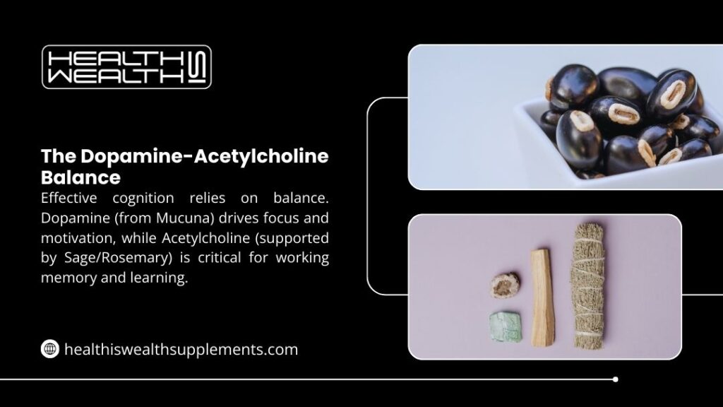 The Dopamine-Acetylcholine Balance
Alt: Infographic on Dopamine-Acetylcholine Balance: Mucuna beans for focus/motivation; sage, rosemary, palo santo, smudge for memory/learning.