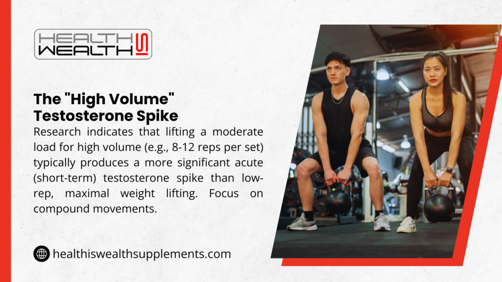 A man and a woman are performing a kettlebell deadlift or swing in a gym, illustrating high-volume training for a testosterone spike.