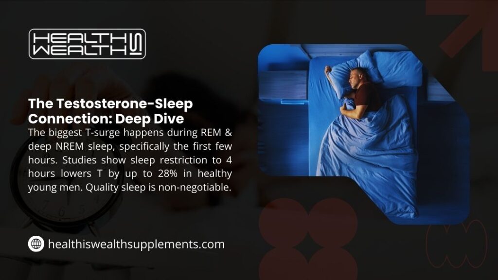 Infographic: Testosterone-Sleep Connection. The T-surge happens during REM and deep NREM sleep. Sleep restriction lowers T up to 28%. Man sleeping in a bed at night.
