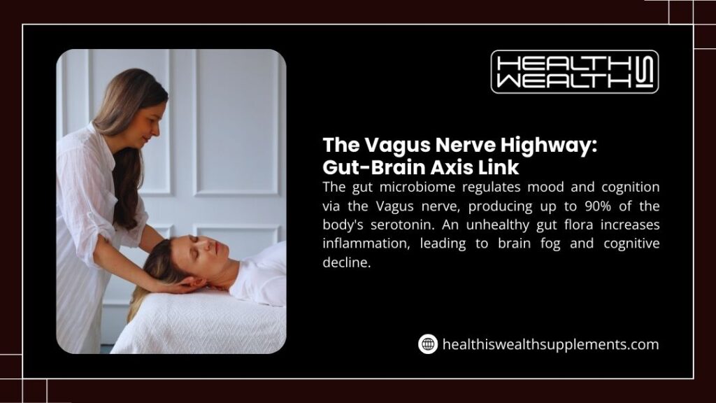 Infographic: The Vagus Nerve Highway. The gut-brain axis link via the Vagus nerve regulates mood and cognition. Woman receiving a gentle head massage.