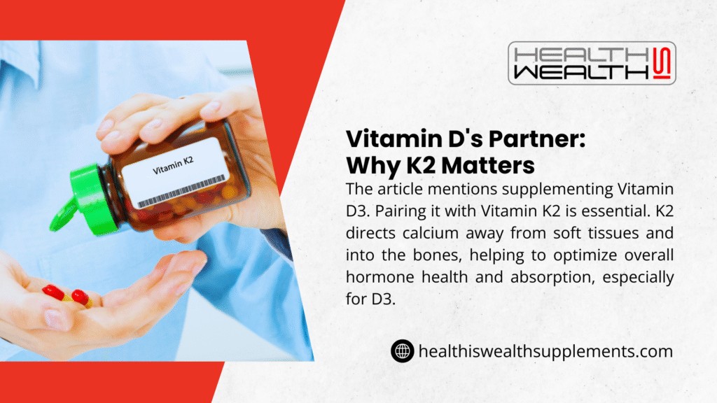 A person is holding a bottle labeled Vitamin K2 and two supplement pills, emphasizing the importance of supplementing K2 with Vitamin D.